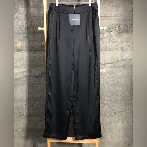 NWT Cynthia Rowley High Elastic Waist Pleated Front Wide Leg Black Pants Sz L - Picture 2 of 4